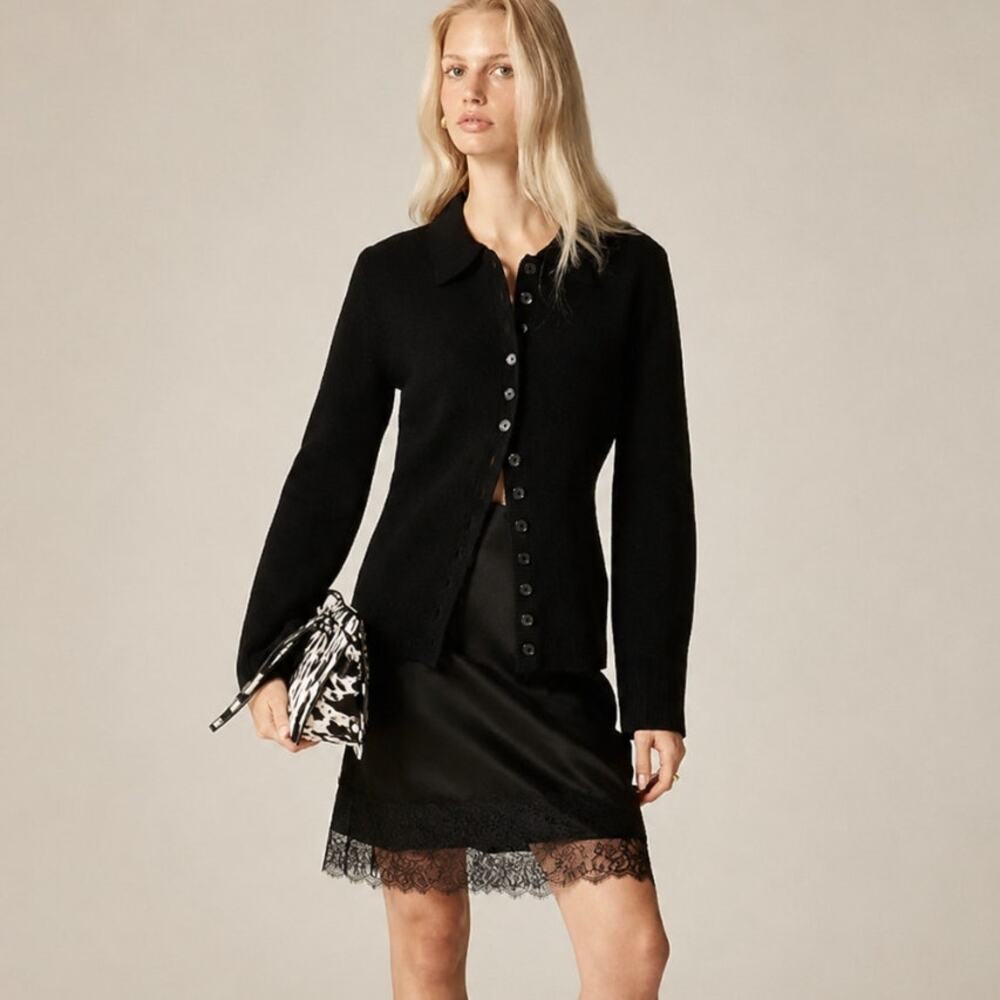J.Crew Lambs Wool Milano Stitch Cinched Waist Cardigan Black Size Medium